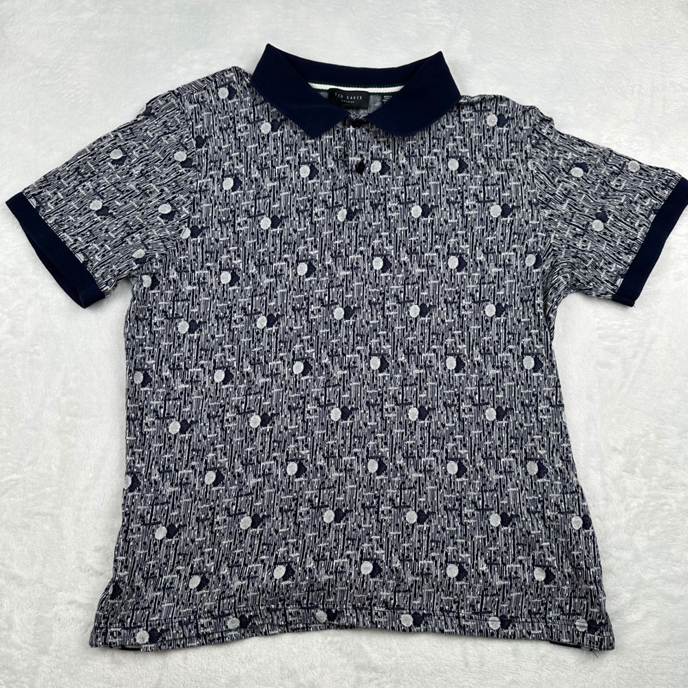 Ted Baker Mens Polo 3 Medium Fits Small Navy Polka Dot Short Sleeve Geometric - Picture 1 of 6